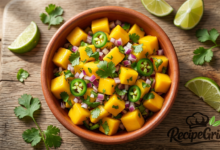 A clay bowl filled with colorful mango salsa, garnished with jalapeño slices and surrounded by fresh cilantro leaves and lime wedges.