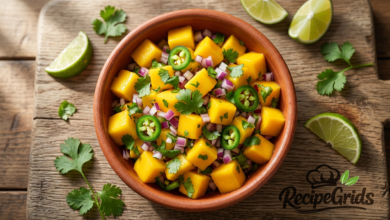 A clay bowl filled with colorful mango salsa, garnished with jalapeño slices and surrounded by fresh cilantro leaves and lime wedges.