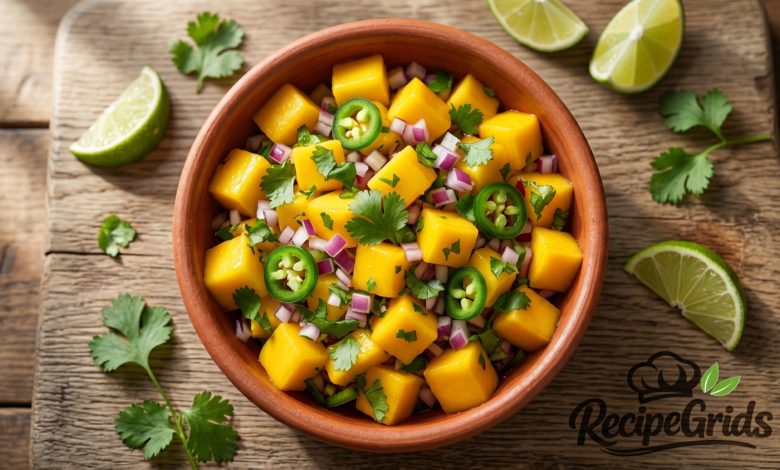 A clay bowl filled with colorful mango salsa, garnished with jalapeño slices and surrounded by fresh cilantro leaves and lime wedges.