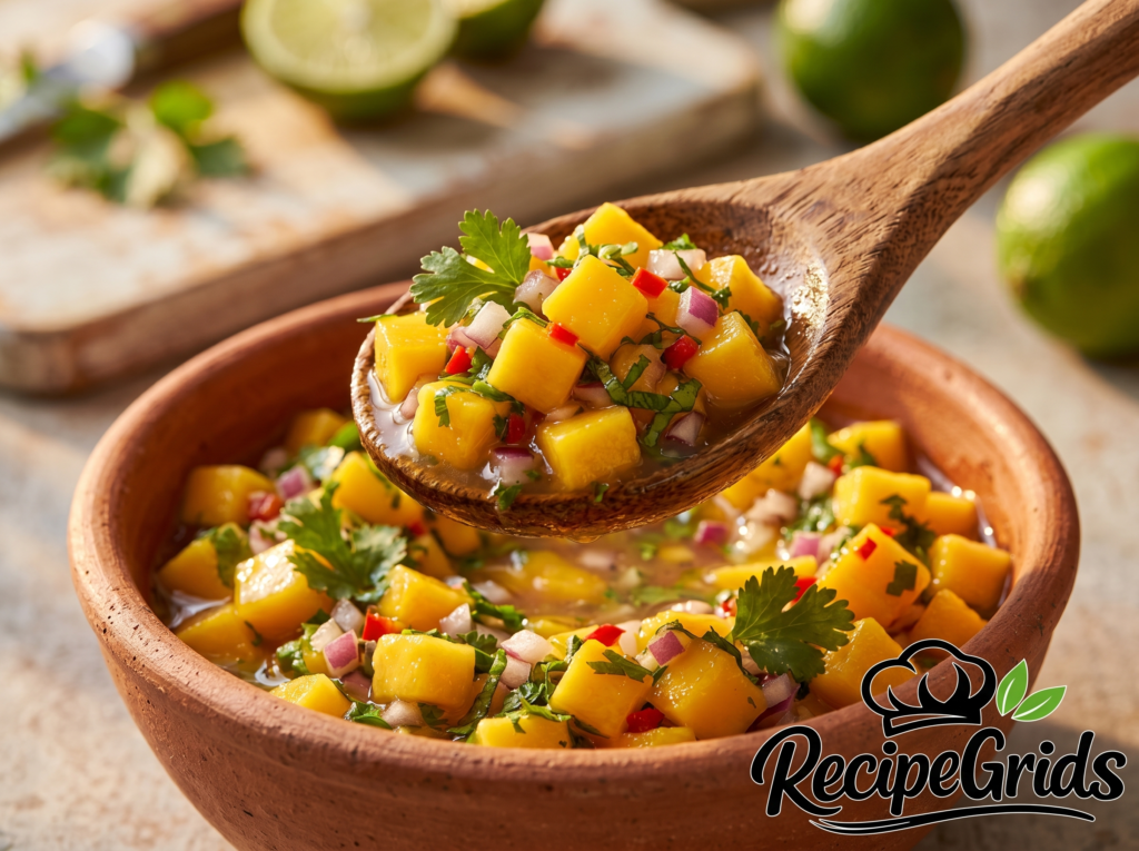 A close-up of a wooden spoon scooping up juicy, fresh mango salsa from a rustic bowl.