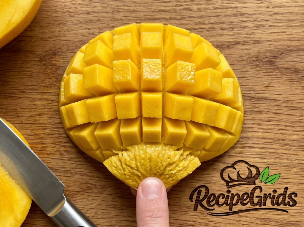 A fresh mango half scored into a grid pattern and pushed inside out to reveal perfect mango cubes on a wooden board.