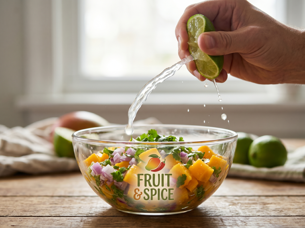 A hand squeezing fresh lime juice into a glass bowl full of diced mangoes, onions, and cilantro.