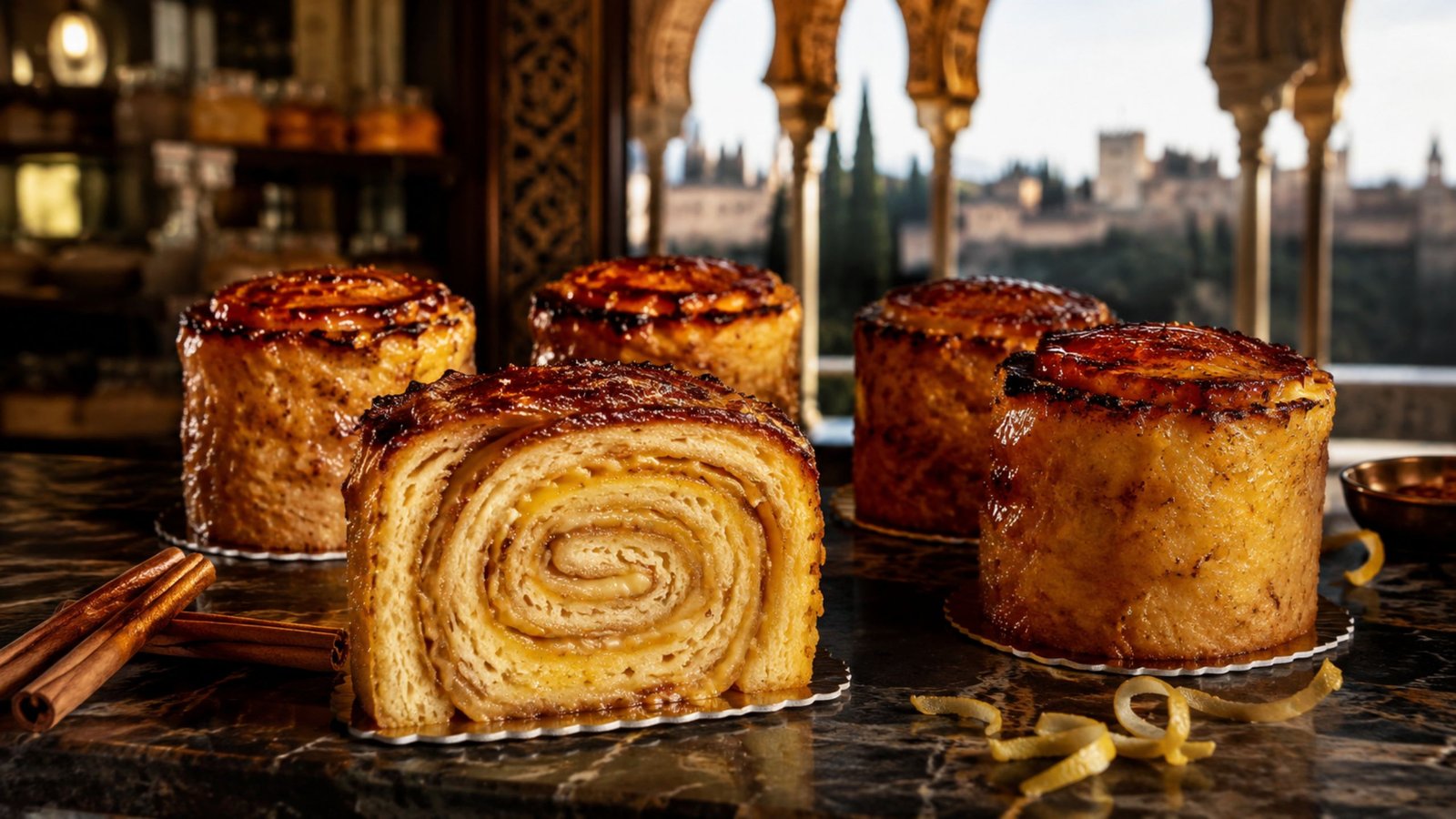 A close-up shot of the best piononos de santa fe near me, highlighting the delicate layers of rolled sponge cake soaked in syrup and a perfectly torched custard crown.