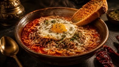 A steaming, dark red bowl of the best sopa criolla near me, featuring seasoned ground beef, fine angel hair noodles, and evaporated milk, topped with a perfectly fried egg and crispy toasted bread.
