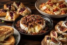 Five easy Brie cheese recipes, including baked Brie, cranberry pastry bites, creamy pasta, grilled cheese and fig crostini.