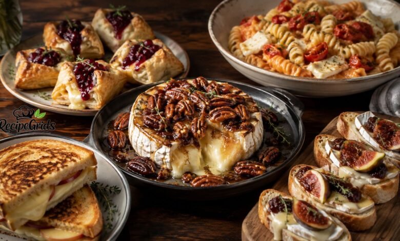 Five easy Brie cheese recipes, including baked Brie, cranberry pastry bites, creamy pasta, grilled cheese and fig crostini.