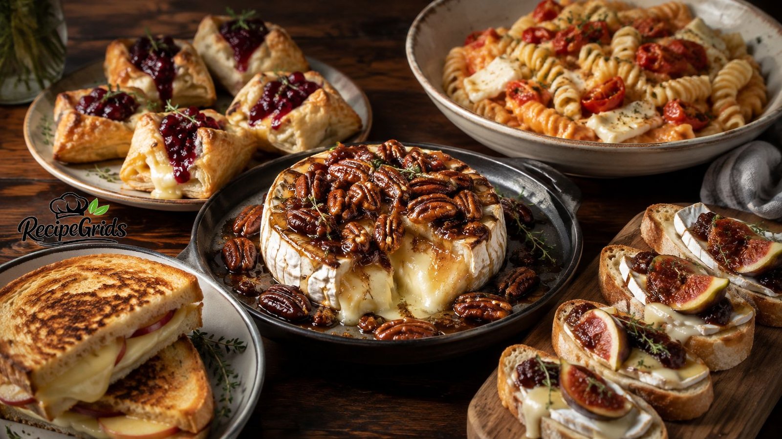 Five easy Brie cheese recipes, including baked Brie, cranberry pastry bites, creamy pasta, grilled cheese and fig crostini.