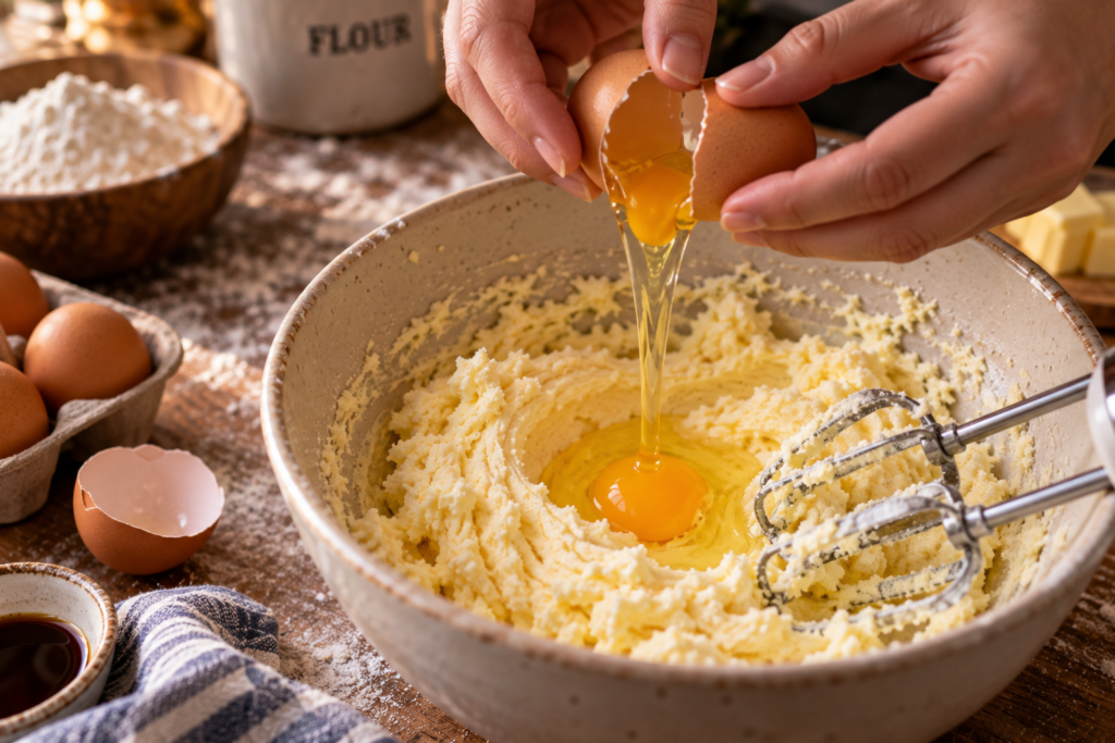 Adding egg and vanilla to sugar cookie dough