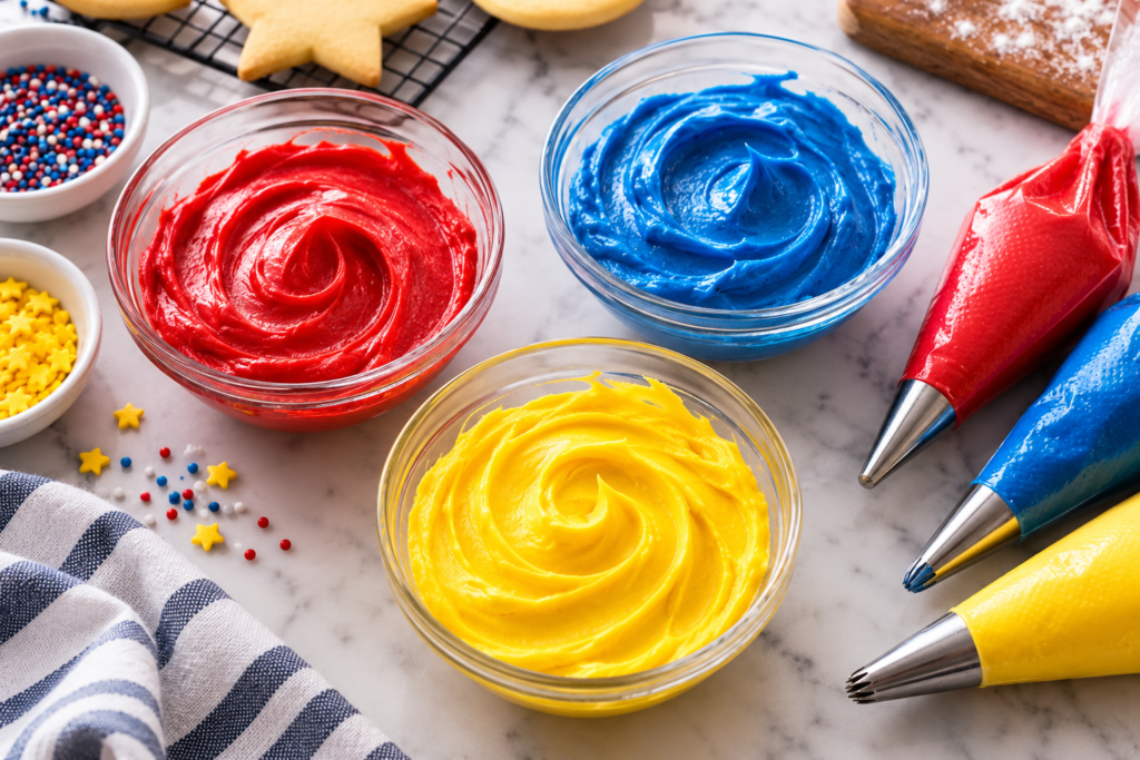 Preparing colourful royal icing for superhero cookies