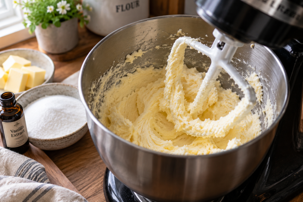 Creaming butter and sugar for superhero sugar cookie dough