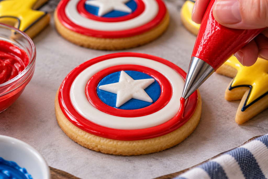 Outlining and flooding superhero cookies with royal icing
