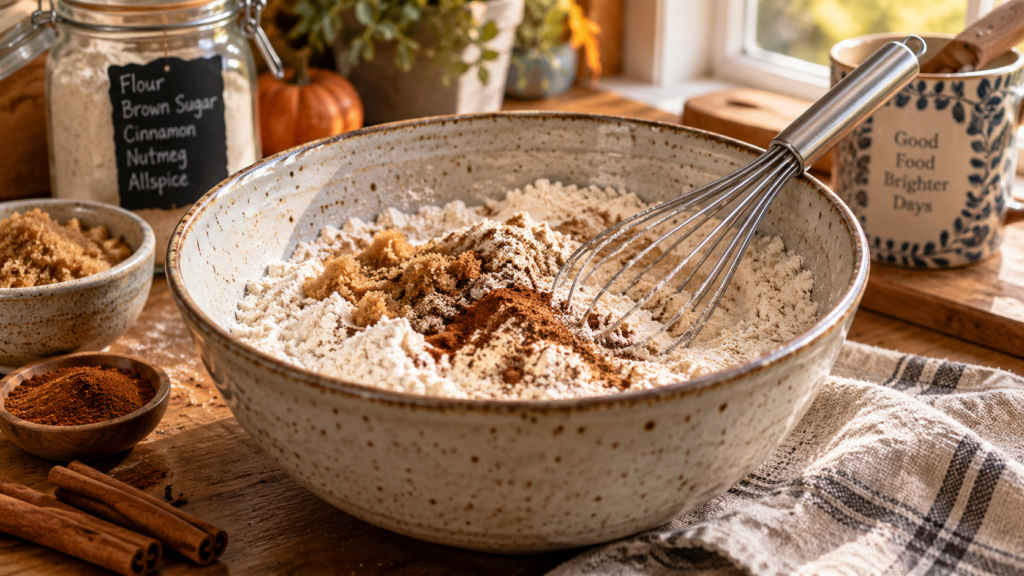 Bowl of dry pancake ingredients mixed with cinnamon and warm spices