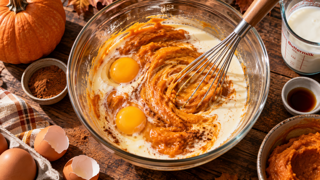 Pumpkin puree whisked into buttermilk and eggs in a glass bowl