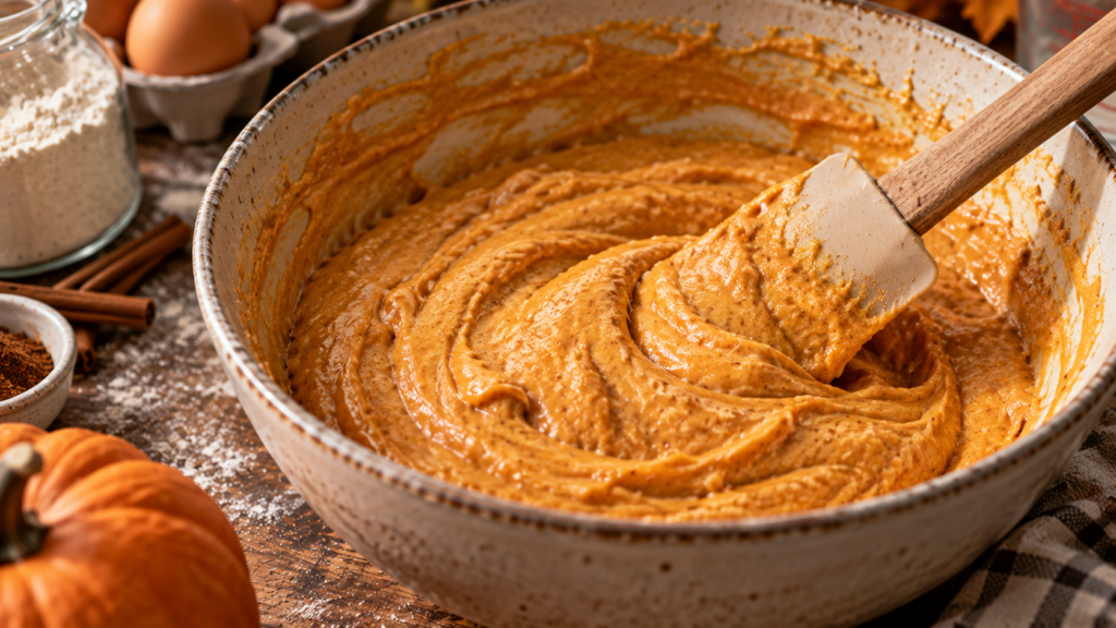 Pumpkin pancake batter being folded together with a spatula