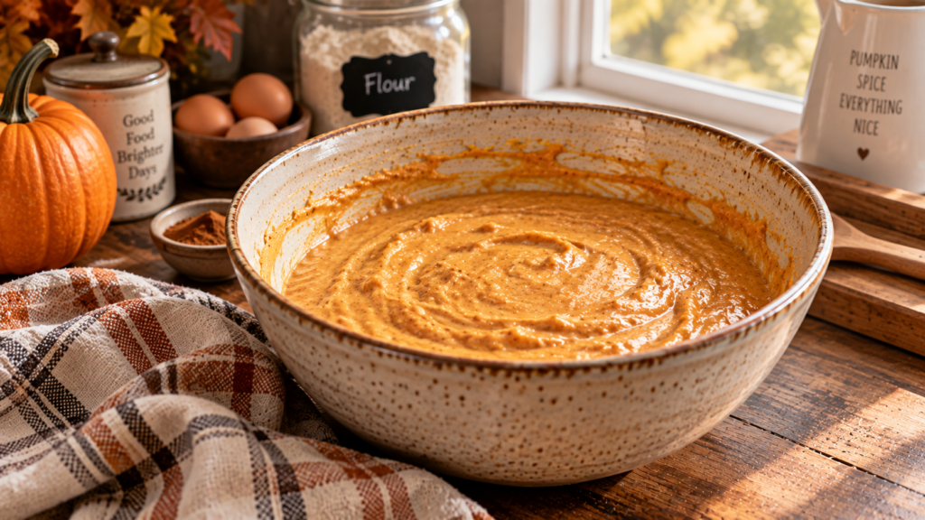 Pumpkin pancake batter resting in a bowl on a wooden counter
