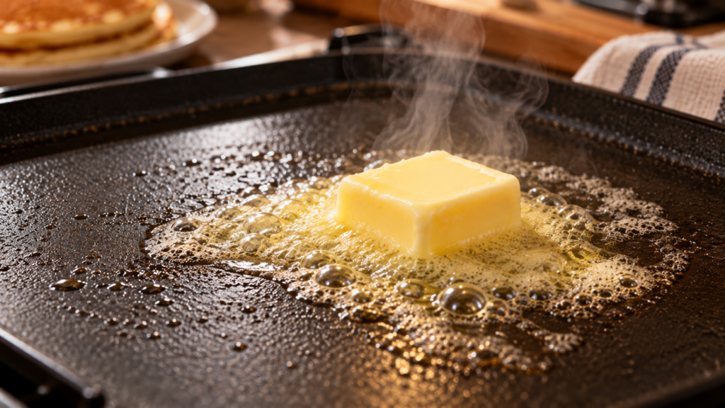 Butter melting on a hot griddle for pancakes