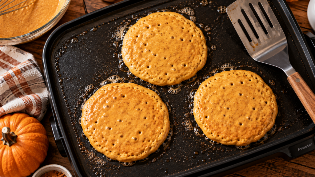 Pumpkin pancakes cooking on a griddle with bubbles forming