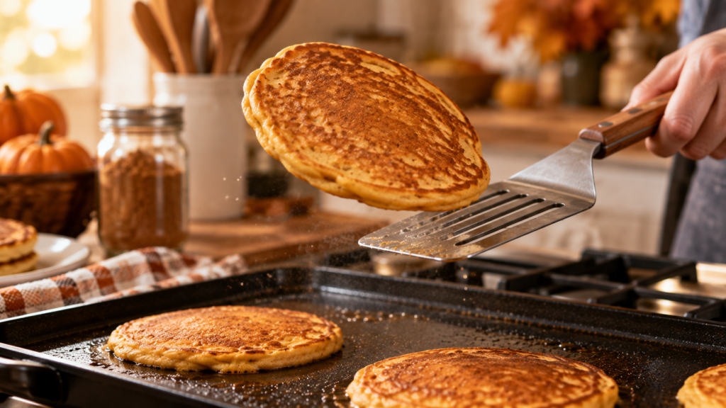 Spatula flipping a golden pumpkin pancake