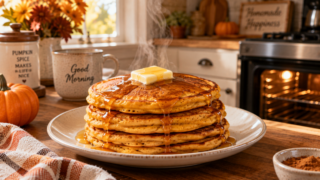Stack of cooked pumpkin pancakes resting on a plate
