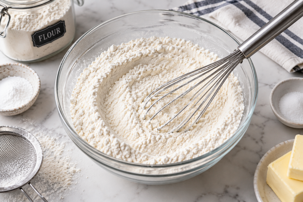 Whisking flour, baking powder and salt for cookie dough