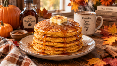 Finished stack of pumpkin pancakes topped with syrup and cinnamon