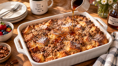 Hero: "Golden baked overnight French toast casserole in a white dish, dusted with powdered sugar and drizzled with maple syrup"