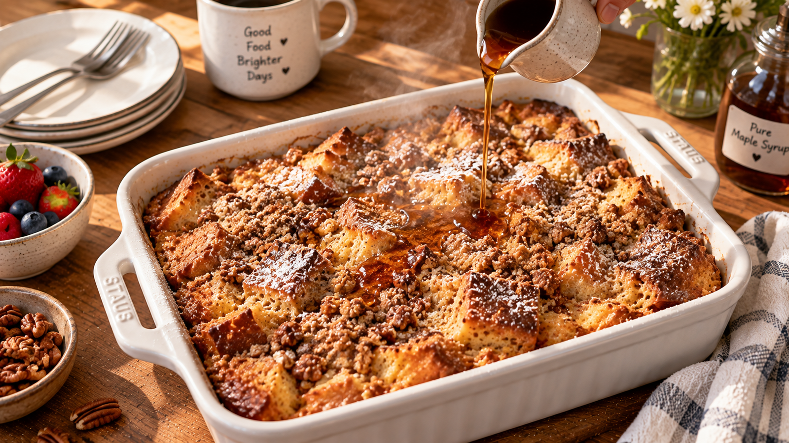 Hero: "Golden baked overnight French toast casserole in a white dish, dusted with powdered sugar and drizzled with maple syrup"