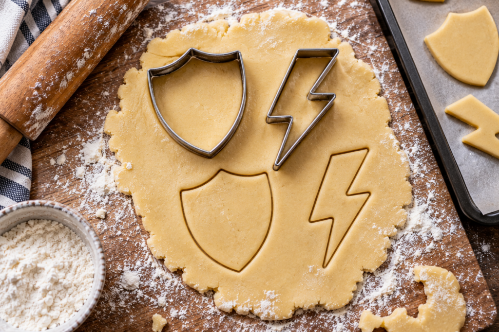 Cutting shield, star and lightning bolt superhero cookies