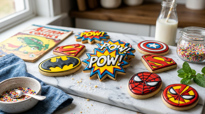 Adding black comic-book details to decorated superhero cookies