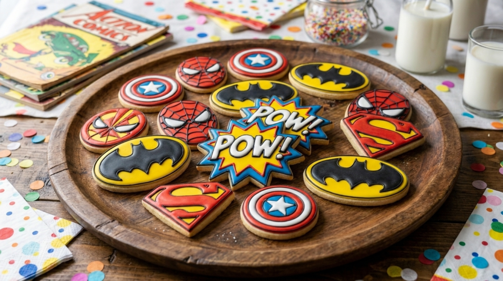 Finished superhero cookies decorated with colourful royal icing