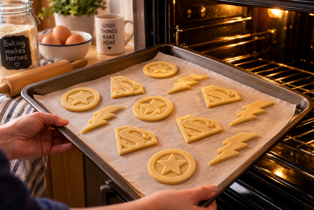 Baking shaped superhero sugar cookies on a parchment-lined tray