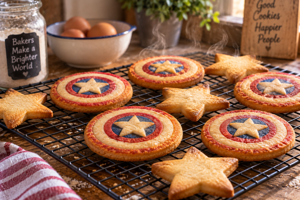 Cooling freshly baked superhero sugar cookies on a wire rack